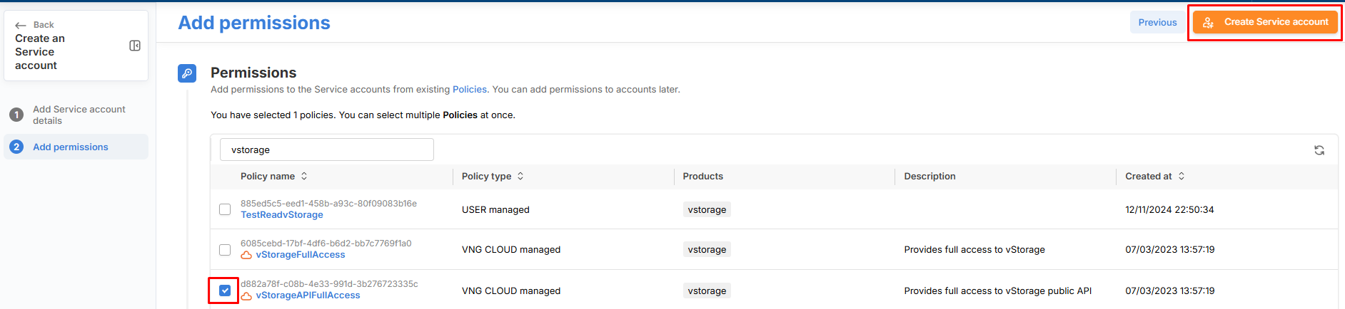 Chọn permission vStorageAPIFullAccess